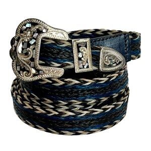 Horse Hair Western Belt Black Blue Mother Of Pearl Silver Plated Buckle Cowgirl